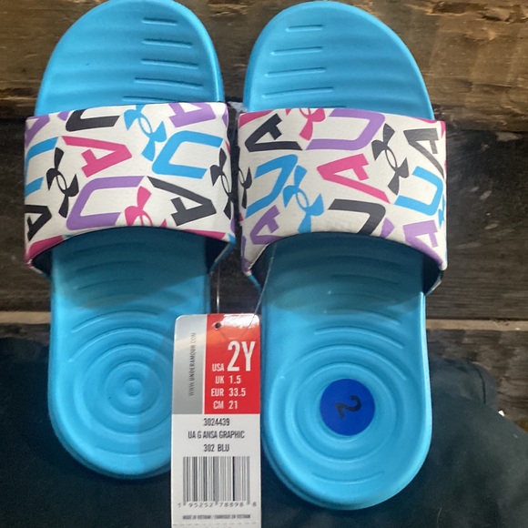 Under Armour Ansa Graphic Youth Girl Slide Sandals Size 2 Blue, White NWT  pink - Picture 2 of 5